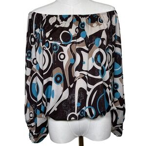 Vintage Emma Rose Off Shoulder Blouse M Brown Blue Geometric Mod Psychedelic Y2K